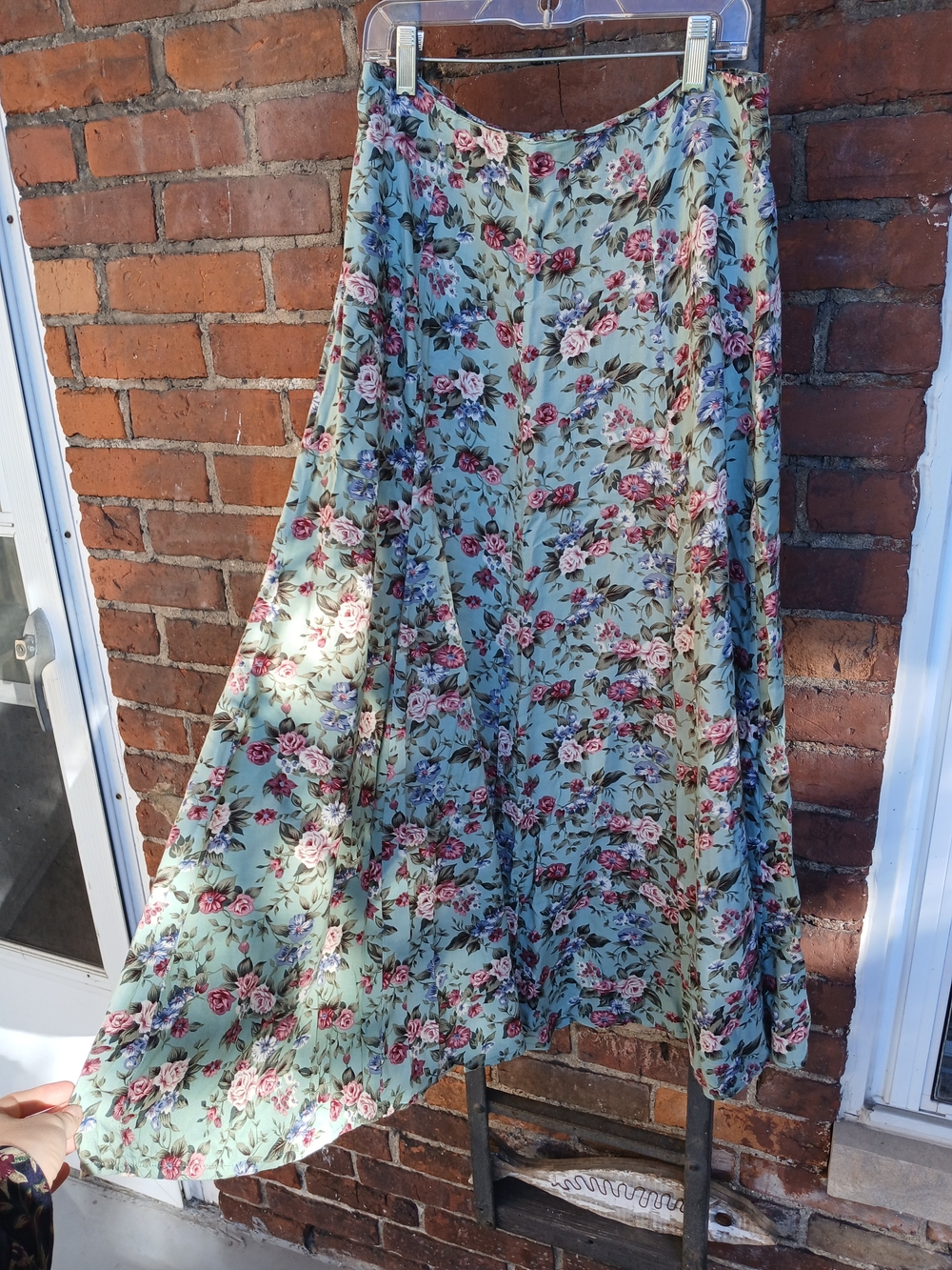 Floral Maxi Skirt in Sage Green with Pink Rose Print - Picture 2 of 6